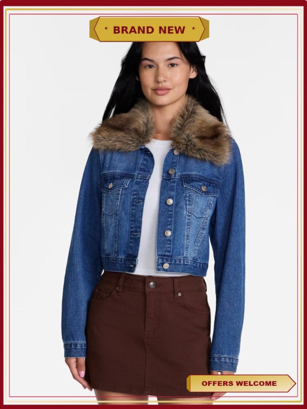 Cropped Denim Jacket with Faux Fur Collar – Edgy Structured Fit